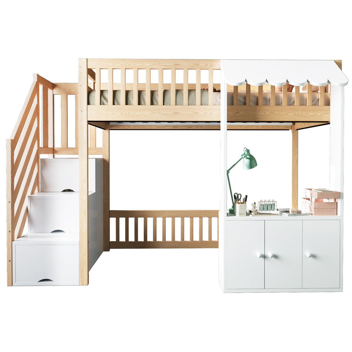 HOCHBETT 90/200 cm in Holzfarbe mit Stauraumtreppe, Stauraum und LED - Naturfarben/Weiß, Holz/Holzwerkstoff (90/200cm) - CHICFURN