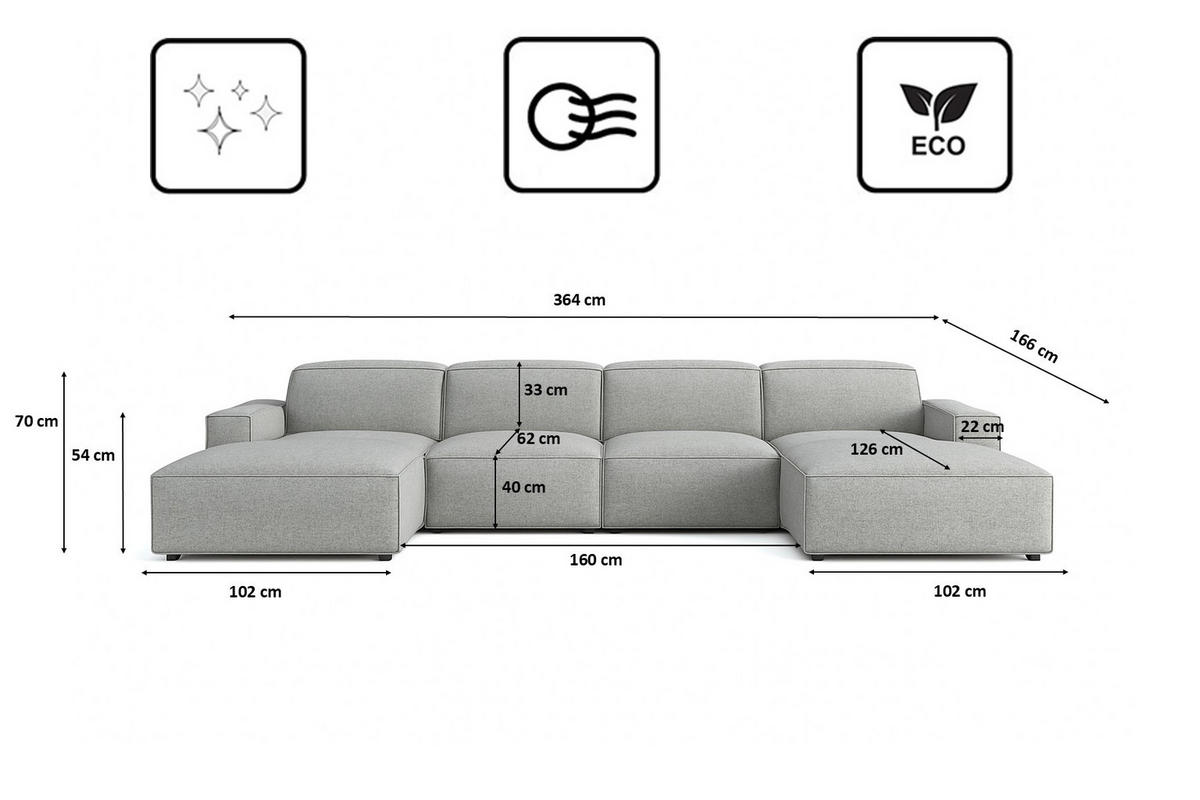 ECKSOFA Cursal U-Form, Stoff Artico, Cement - Grau, Holz (364/166cm) - Kaiser Möbel