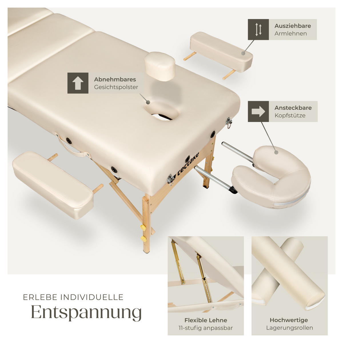 MASSAGELIEGE-SET 3 Zonen Somwang,218 x 102 x 90 cm,beige - Beige, Textil (108/90/218cm) - tectake