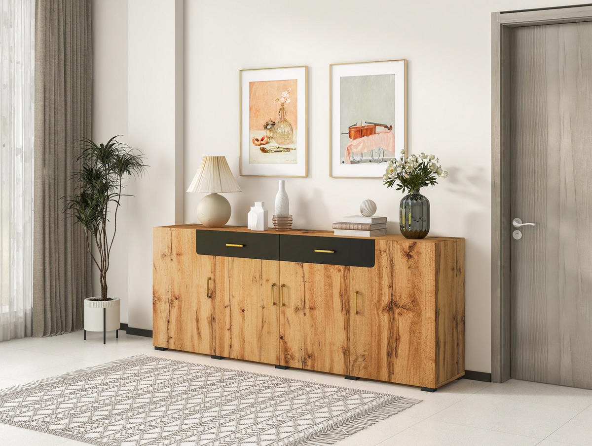 SIDEBOARD 208/39,5/80 cm mit 4 Türen & 2 Schubladen in Weiß/Braun - Braun, Holzwerkstoff (208/80/39.5cm) - BEAOK