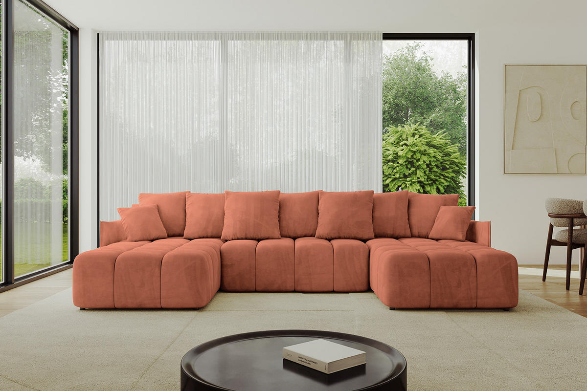 WOHNLANDSCHAFT LONLI-U 355x189x68 Apricot Velours - Koralle, Holzwerkstoff/Kunststoff (355/68/189cm) - ALTDECOR