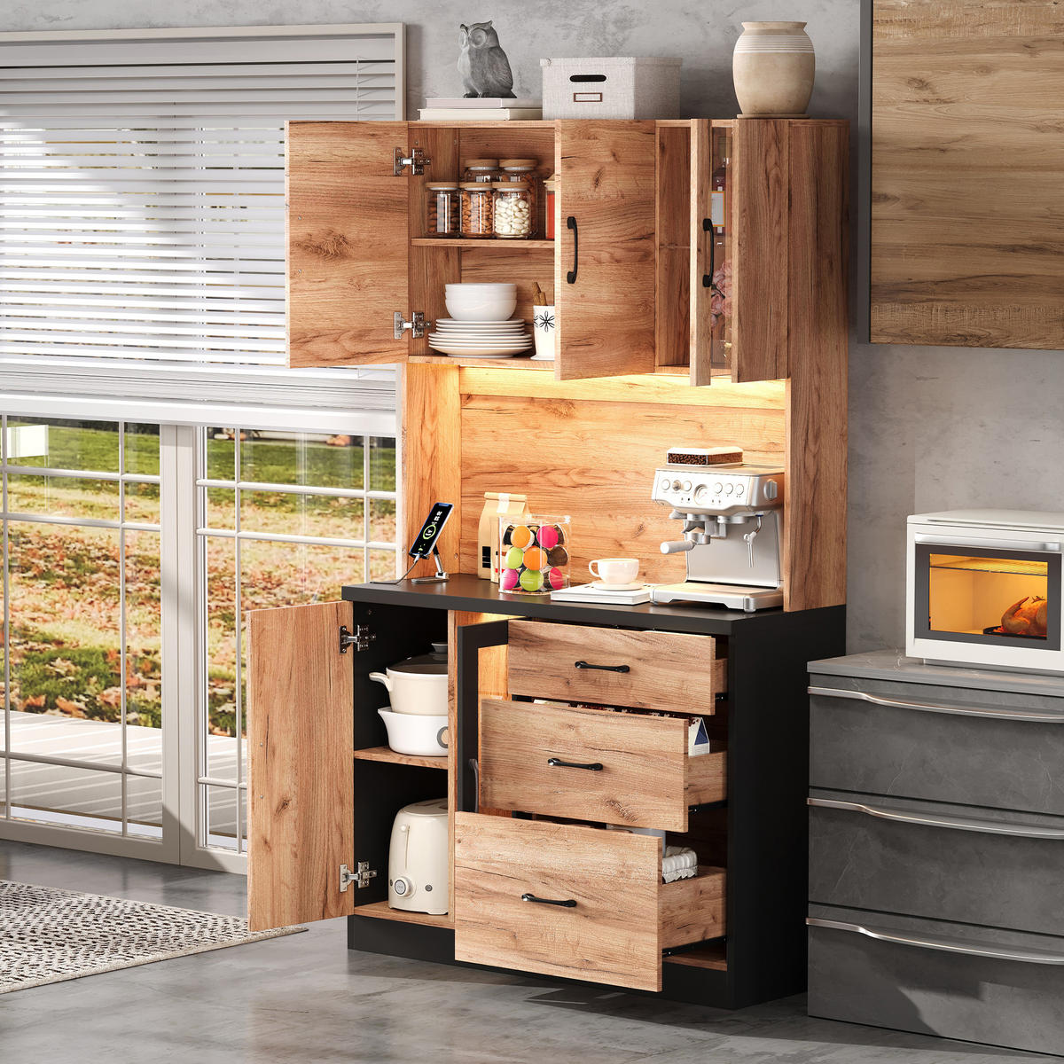 BUFFET 105/40/180 cm Neutral mit LED-Beleuchtung, verstellbaren Einlegeböden und Steckdose im Euro-Stil - Naturfarben, Holz (105/180/40cm) - Oxeza