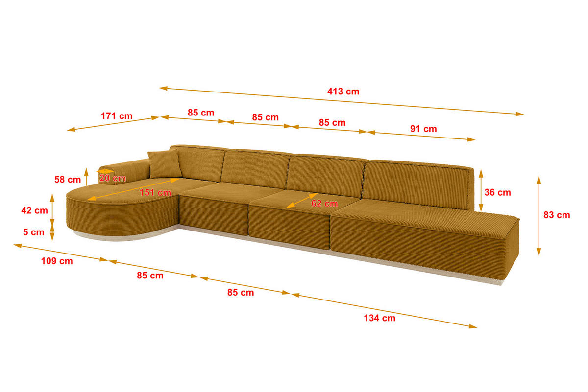 ECKSOFA Ottomane Links ARRIO-L3 - 413x171x83 cm Senfgelb - Currygelb/Gelb, Holzwerkstoff/Textil (413/171cm) - ALTDECOR
