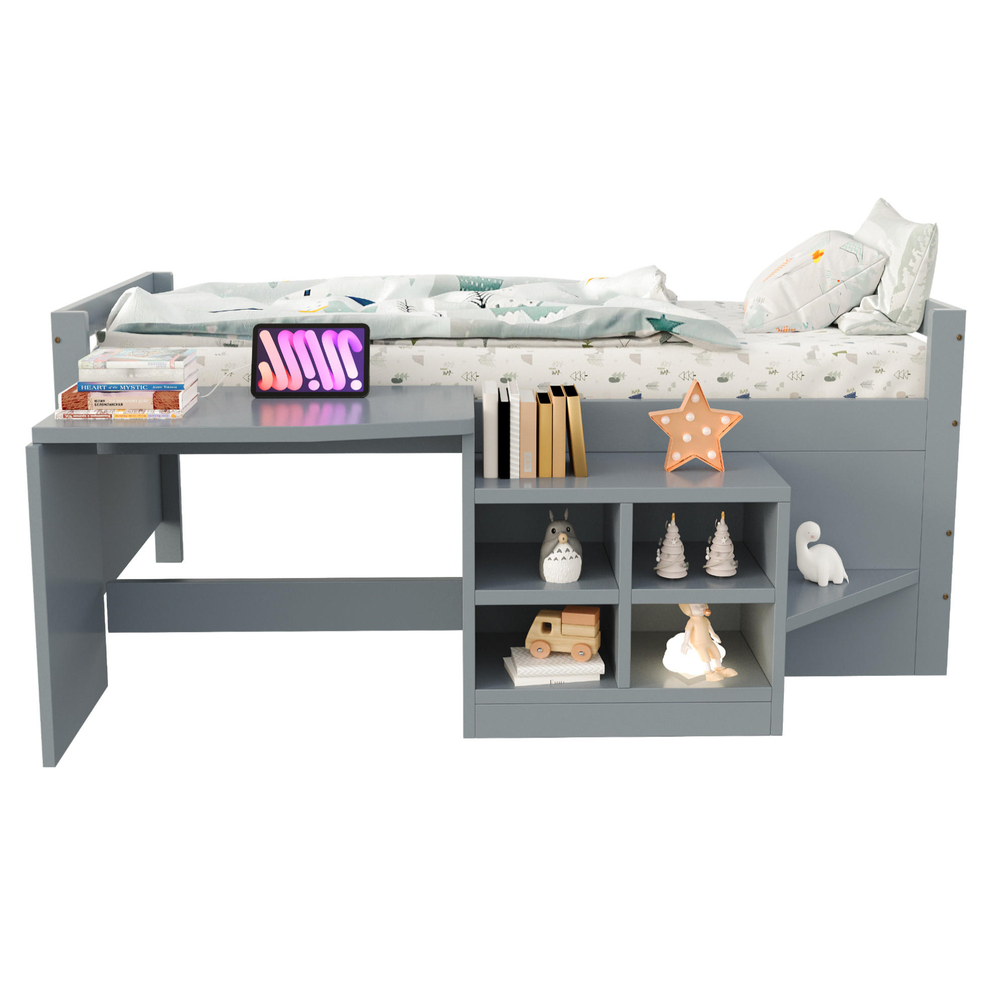 KINDERBETT 90/200 cm aus Kiefernholz und Holzwerkstoff mit Schreibtisch und Stauraum Grau - Grau, Holz (90/200cm) - Modenvie