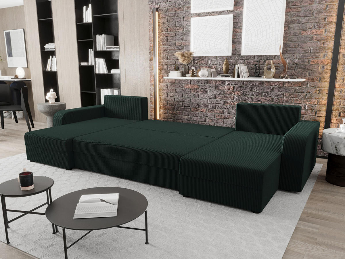 WOHNLANDSCHAFT HEWLET U BIS Zoom 10 mit Schlaffunktion - Dunkelgrün, Textil (305/90/140cm) - Bedante