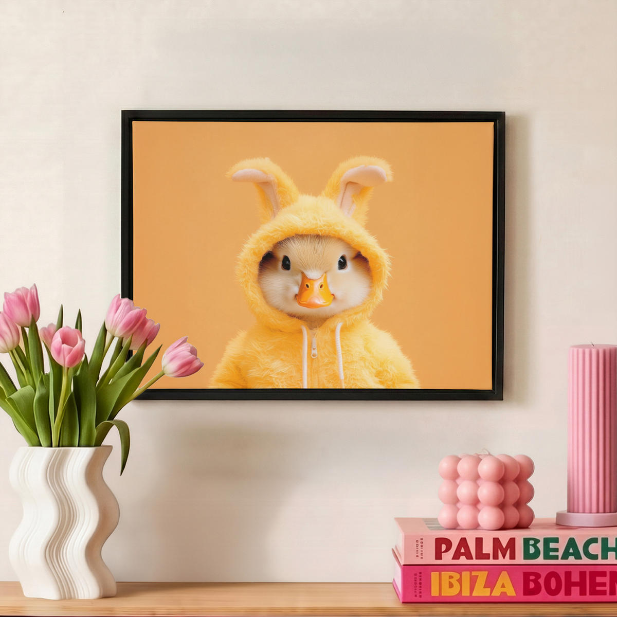LEINWAND Bilder mit Rahmen - Osterhase - Kostüm - Ente - 40x30 - Gelb, Textil (40/30cm) - MuchoWow