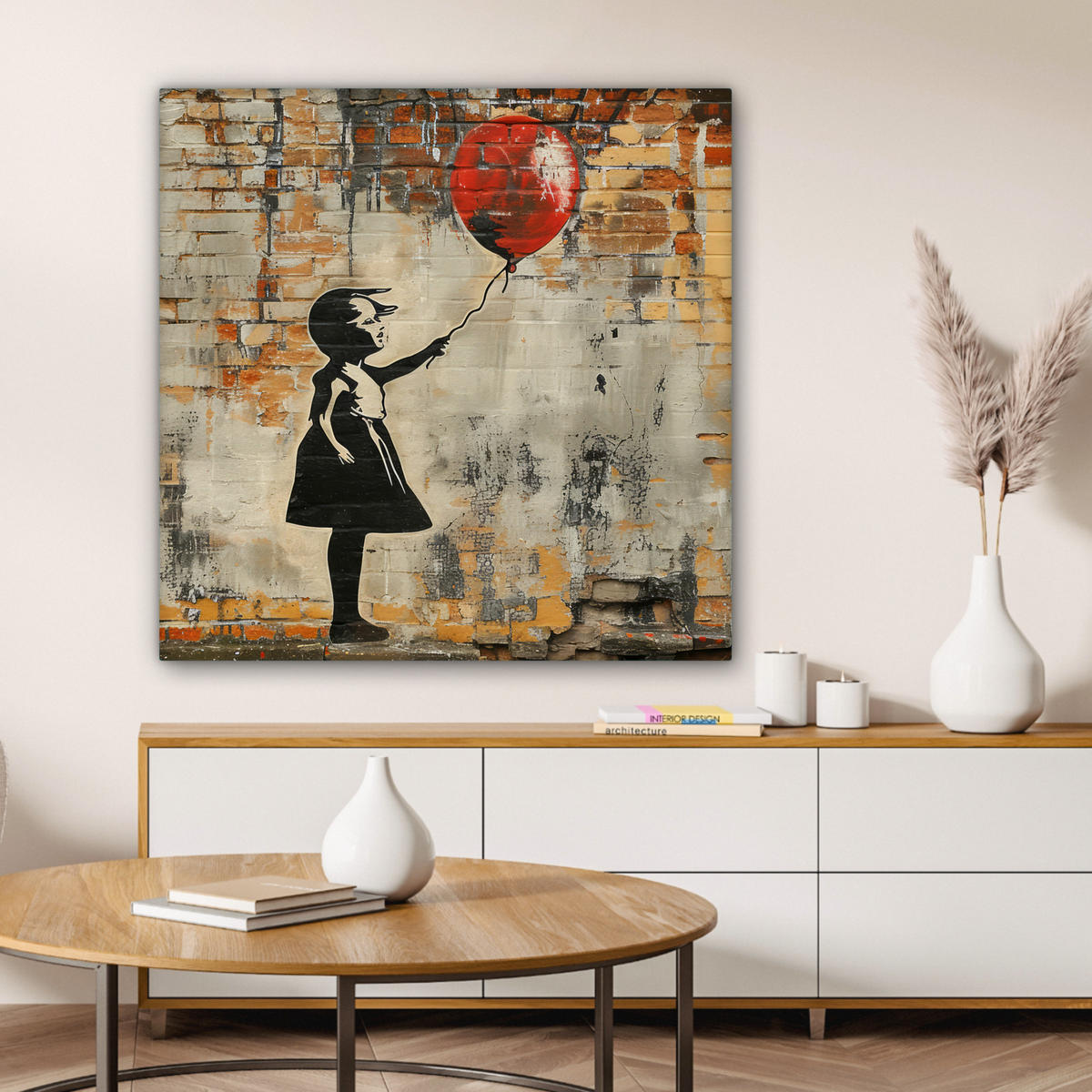 LEINWANDBILD Graffiti - Banksy - Mädchen - Straßenkunst 90x90 cm - Sandfarben, Textil (90/90cm) - MuchoWow
