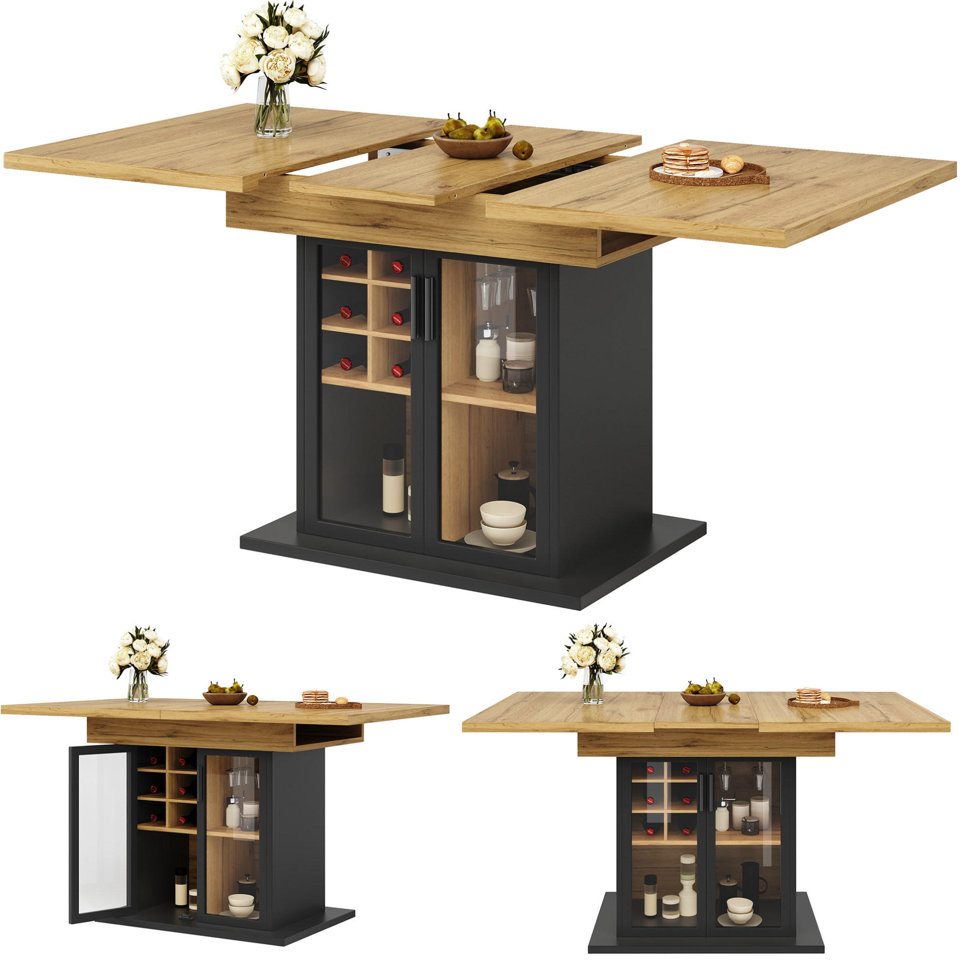 ESSTISCH 110-140/80/76 cm aus MDF, ausziehbar mit Weinregal und Glastür, Schwarz - Schwarz, Holzwerkstoff (110/80/76cm) - Redom