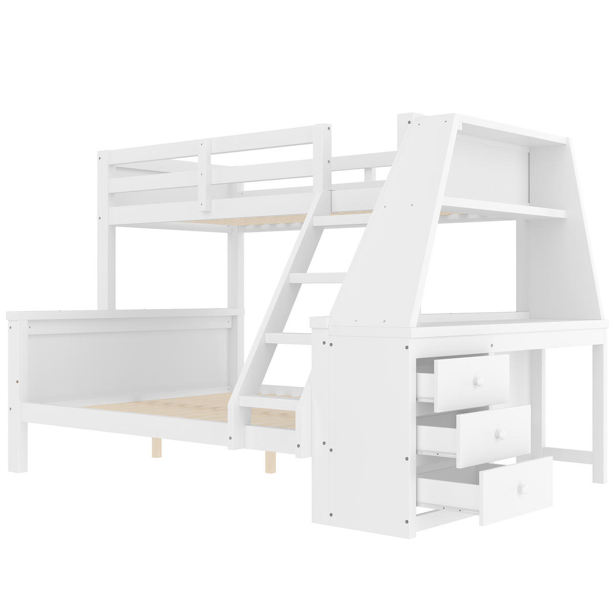 ETAGENBETT aus Kiefern und MDF 90x200/140x200 cm Weiß mit Schreibtisch, Bücherregal und Stauraum - Weiß, Holzwerkstoff (90/200cm) - Modfu