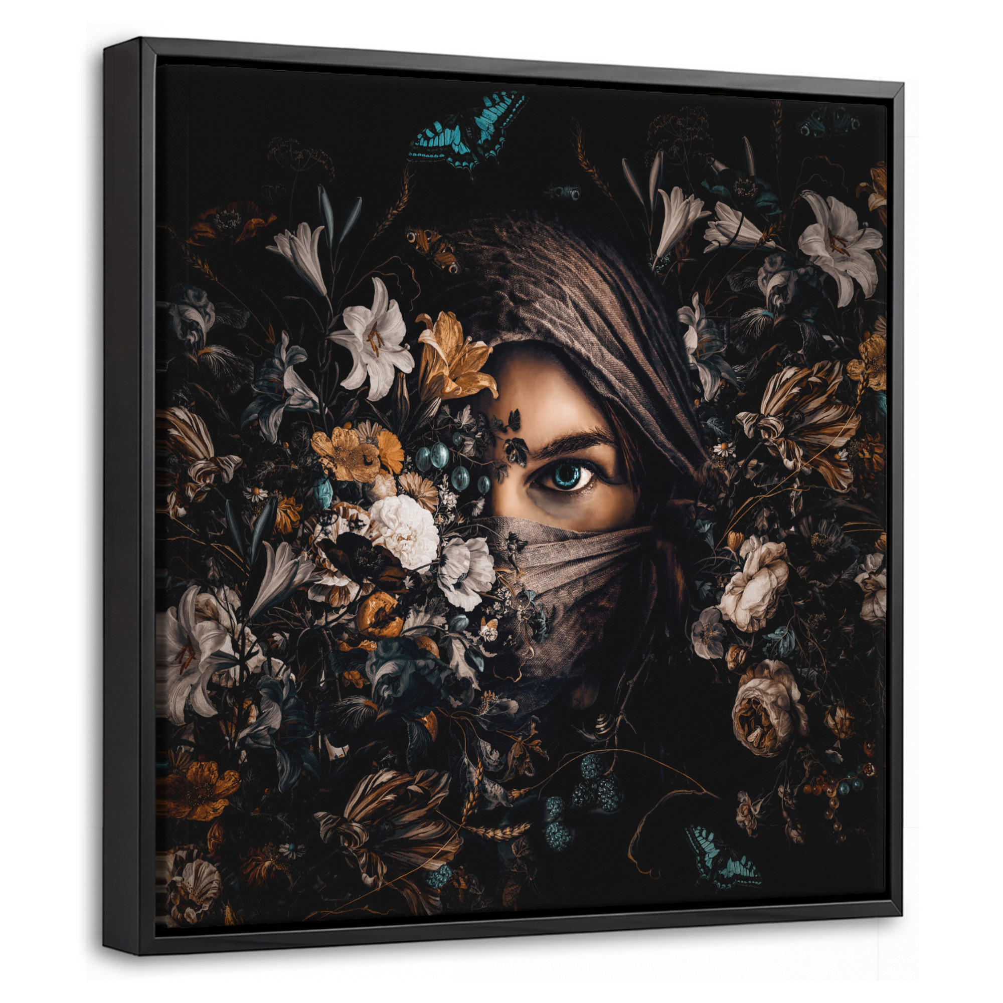 LEINWAND Bilder mit Rahmen - Frau - Luxus - Blumen - Schmetterling - Porträt - 20x20 - Schwarz, Textil (20/20cm) - MuchoWow
