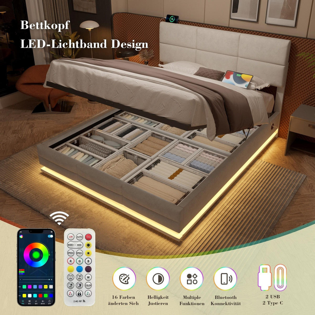 BOXBETT 160/200 mit Bettkasten, LED, USB/Typ C-Ladeanschluss,Samt,Beige - Beige, Holz (160/200cm) - LVHOM