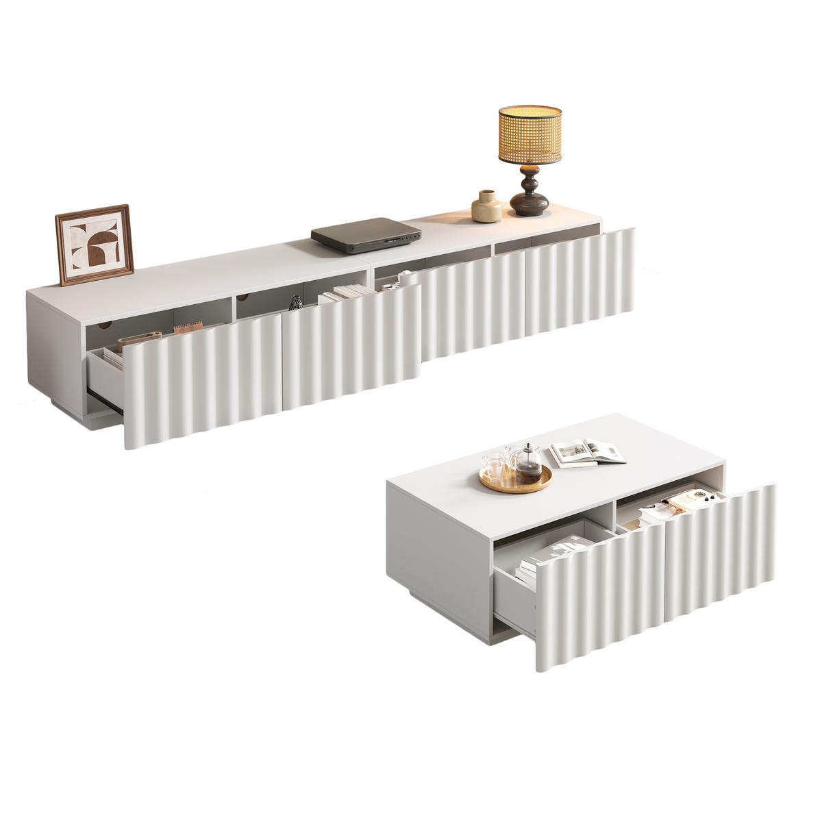 OBÝVACÍ SET bílý, nábytková sestava do obývacího pokoje s botníkem, TV stolkem a konferenčním stolem - bílá, kompozitní dřevo (200/35/40cm) - STILVORA