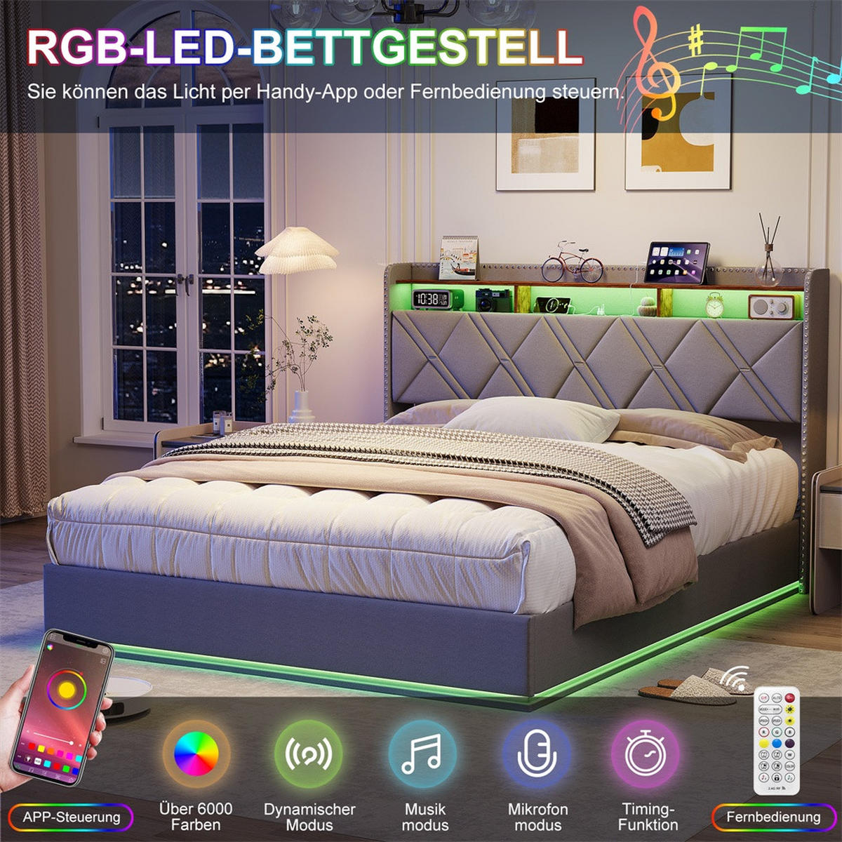 POLSTERBETT 140x200cm mit hydraulischer Hebefunktion - USB Type-C und LED-Beleuchtung - ohne Matratze - Grau - Grau, Textil (140/200cm) - DELFA