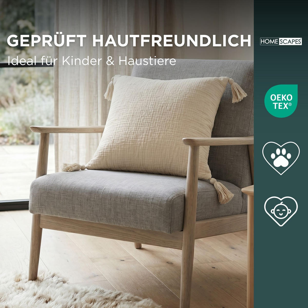 DEKOKISSEN Musselin offwhite mit Quasten, 45/45 cm - Weiß, Textil (45/45cm) - Homescapes
