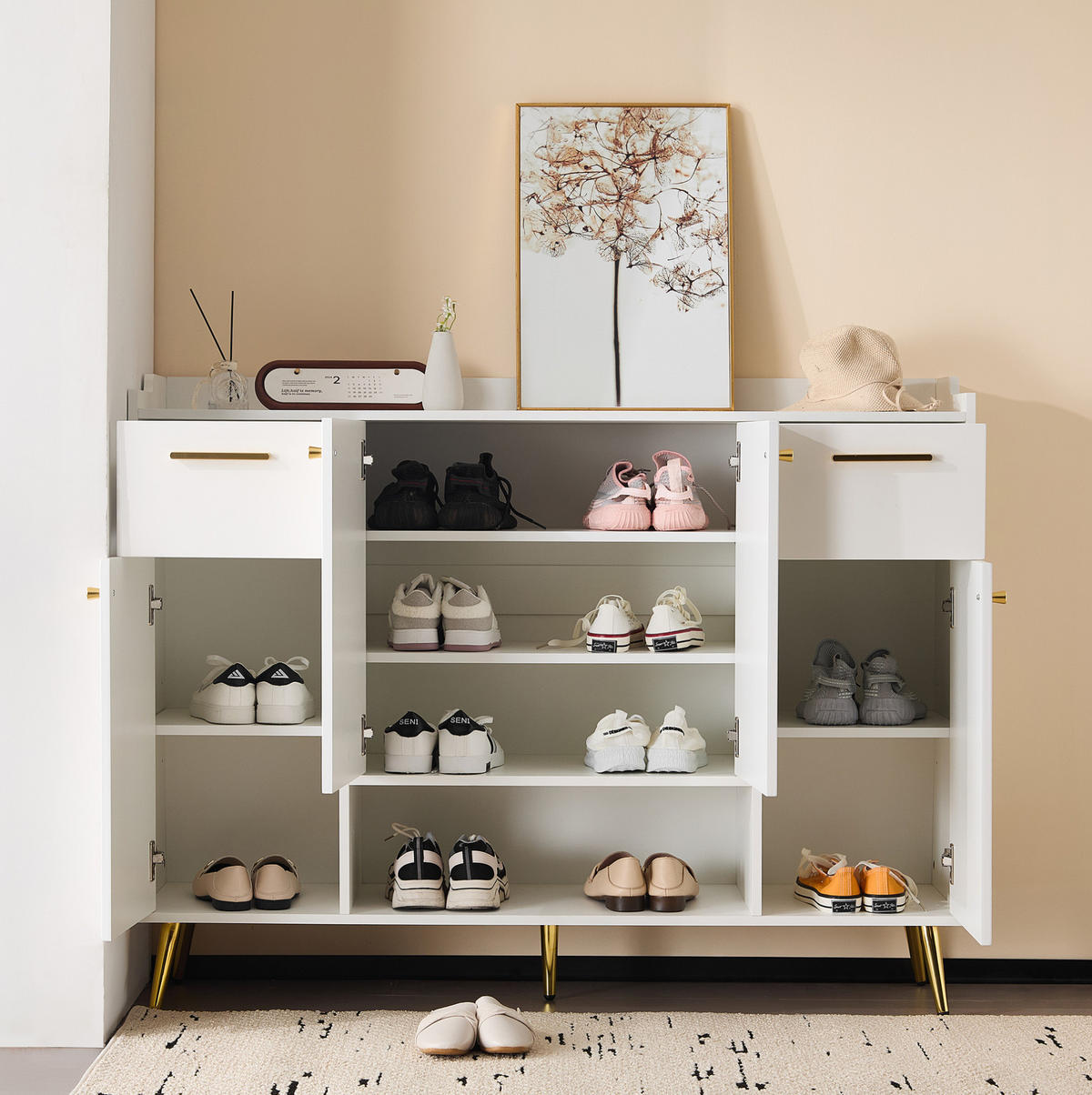 SCHUHSCHRANK 130/37/100 cm aus Spanplatte mit 2 Schubladen, 4 Türen und offenem Fach, Weiß - Weiß, Holzwerkstoff (130/100/37cm) - Redom