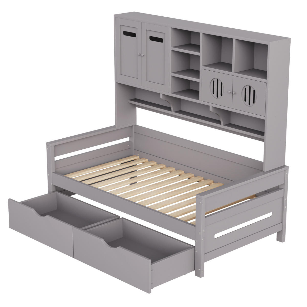 MULTIFUNKTIONSBETT aus Kiefernholz 90x200 cm Grau mit Stauraum, 2 Schubladen und Aufsatzregal - Grau, Holz (90/200cm) - Modfu