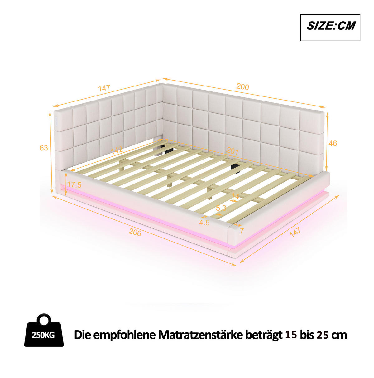 POLSTERBETT mit LED-Beleuchtung 140/200 cm mit USB und Lattenrost in Beige - Beige, Leder (140/200cm) - BEAOK