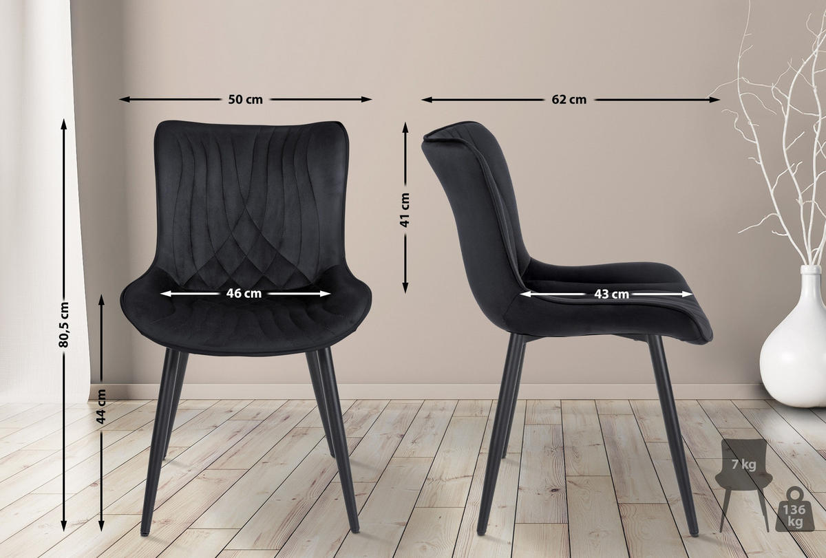 STUHL 2er Set Samt schwarz - Schwarz, Textil/Metall (50/80.5/62cm) - CLP