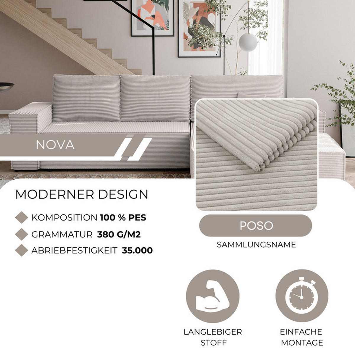 ECKSOFA NOVA mit Schlaffunktion und Bettkasten Creme - Creme, Holzwerkstoff/Kunststoff (250/160cm) - Idohome