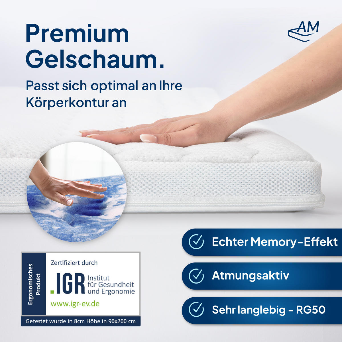 GELSCHAUM TOPPER 7-Zonen 135/180 cm - 8cm Höhe & Tencel Bezug - Weiß, Textil (135/180cm) - AM Qualitätsmatratzen