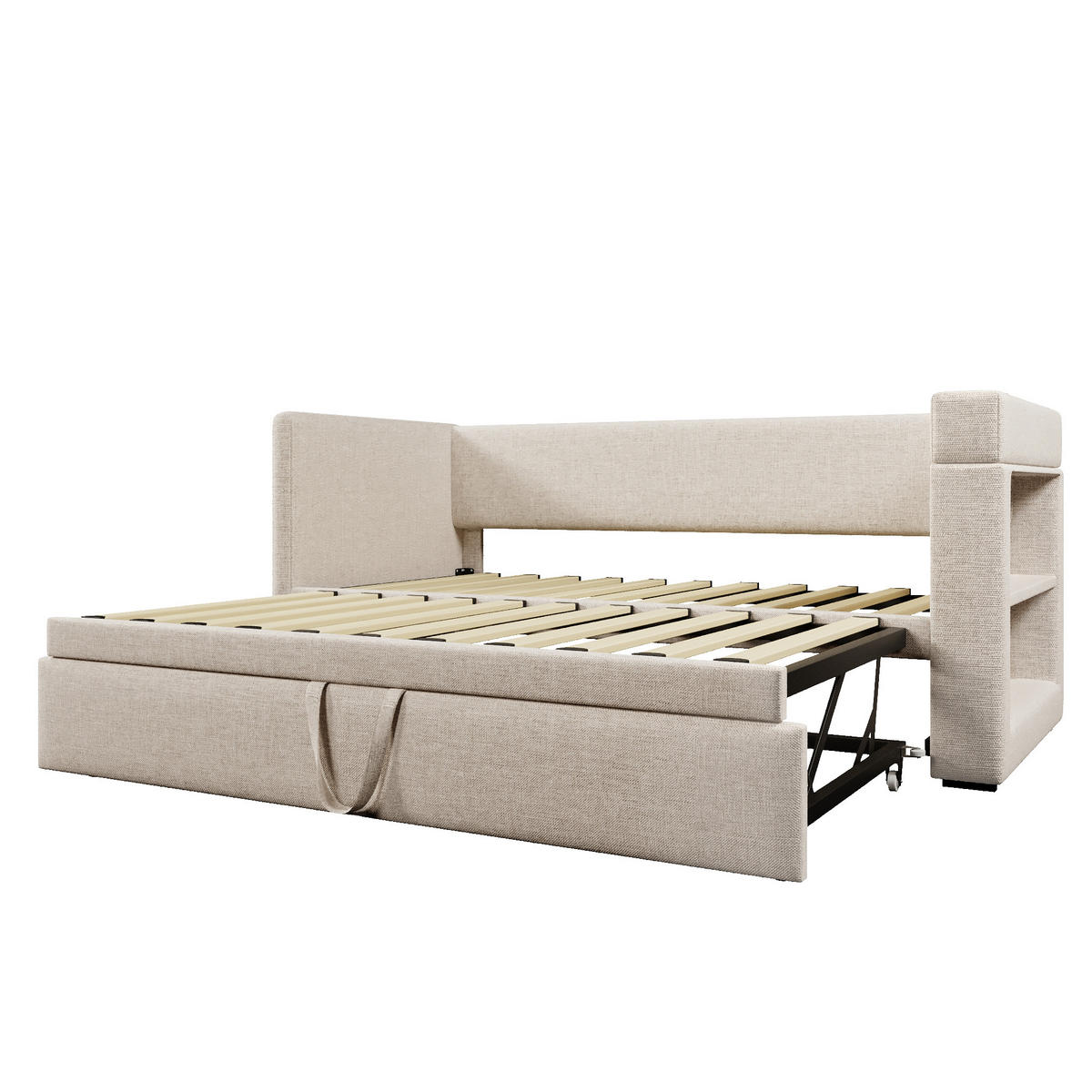 POLSTERBETT 90/190 cm Beige aus Leinen mit Ausziehbett und USB-C-Ladeanschluss - Beige, Textil (90/190cm) - OKWISH