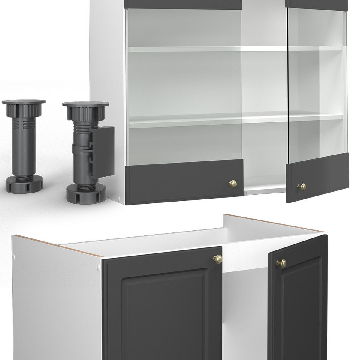KÜCHENZEILE Fame-Line Anthrazit-Gold/Weiß 200 cm, AP Marmor - Graphitfarben/Weiß, Holzwerkstoff (200/81.6/60cm) - Vicco