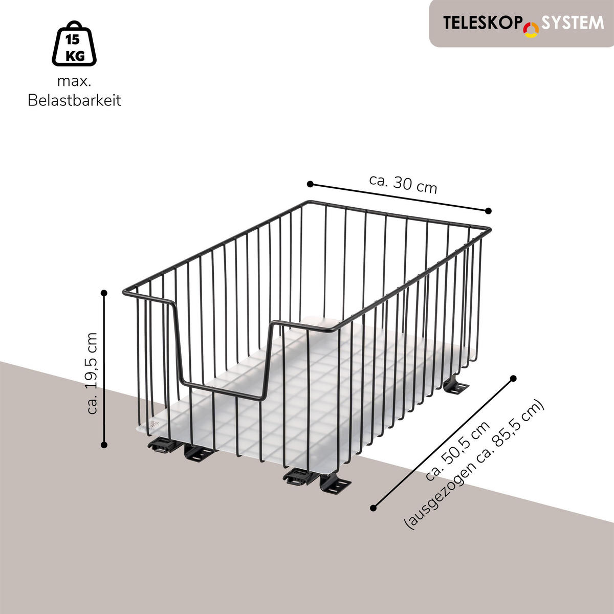 SCHRANK-KORBAUSZUG 30 cm, schwarz, Metall - Schwarz, Metall (30/23/50.5cm) - bremermann