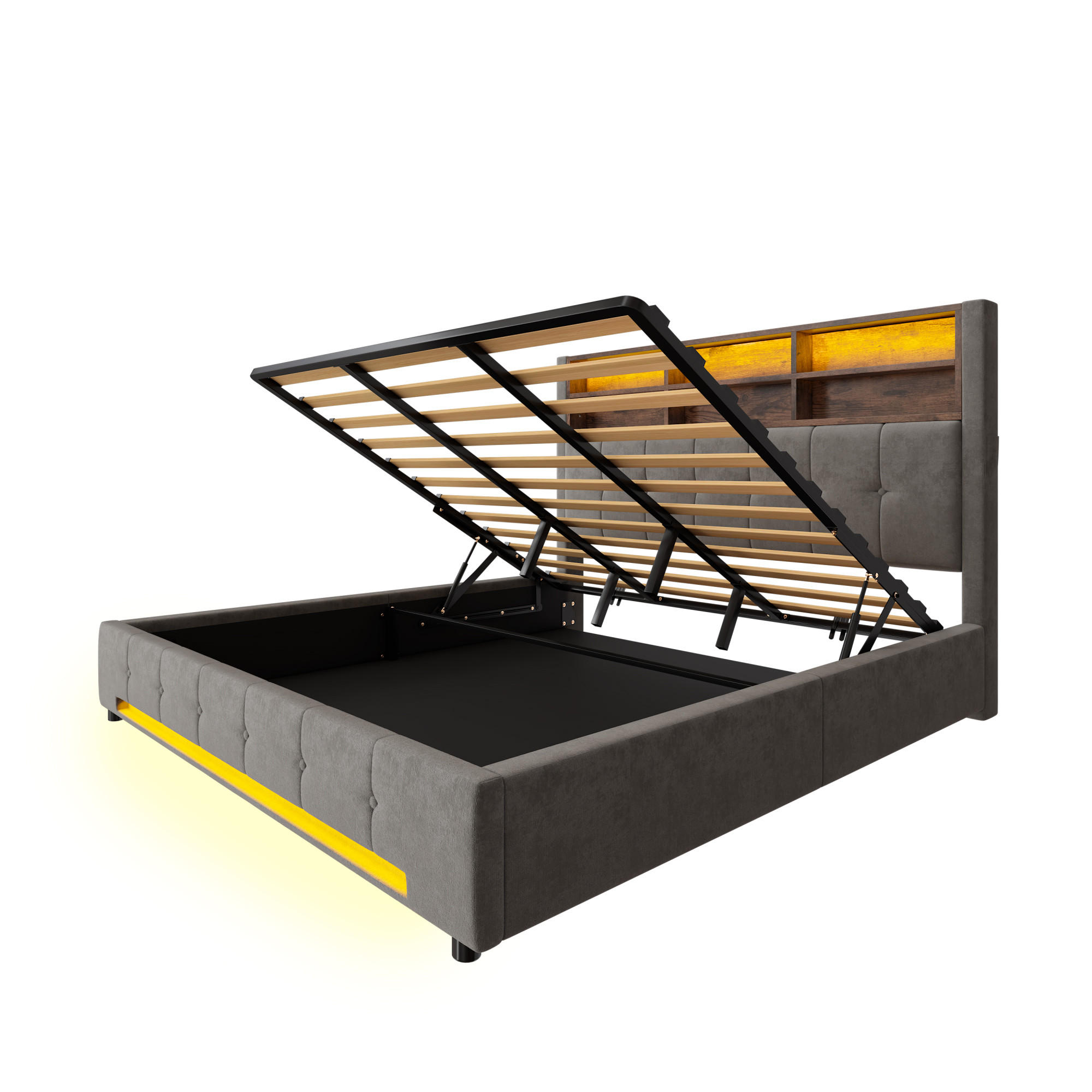 POLSTERBETT 180/200 cm Dunkelgrau mit 6 Fächer, Seitentaschen, USB-C und LED - Dunkelgrau, Textil (180/200cm) - Oxeza
