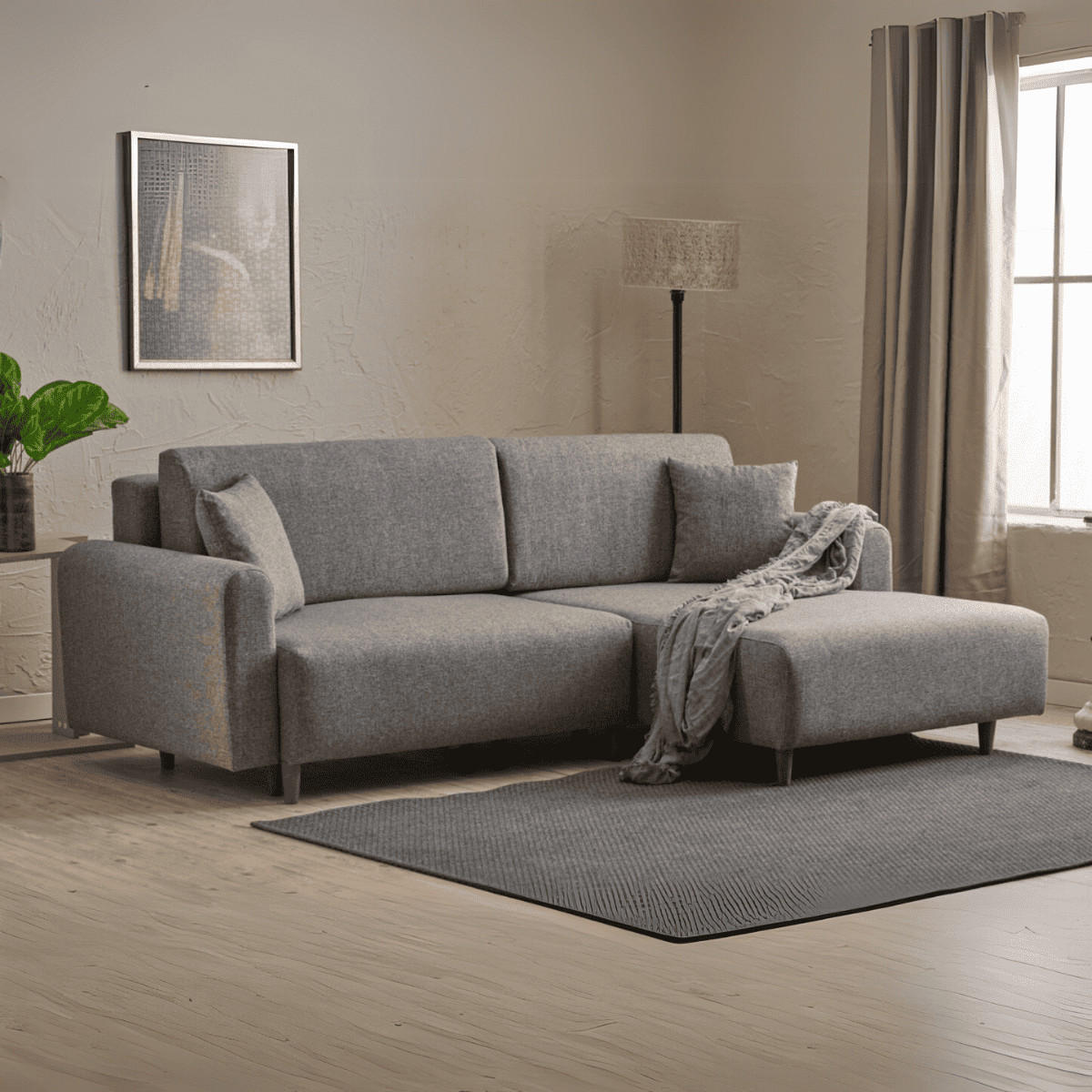 ECKSOFA mit Schlaffunktion und rechtsseitiger Récamiere aus Stoff - mane 246/160/85 cm - Grau, Holz (160/246cm) - Calicosy