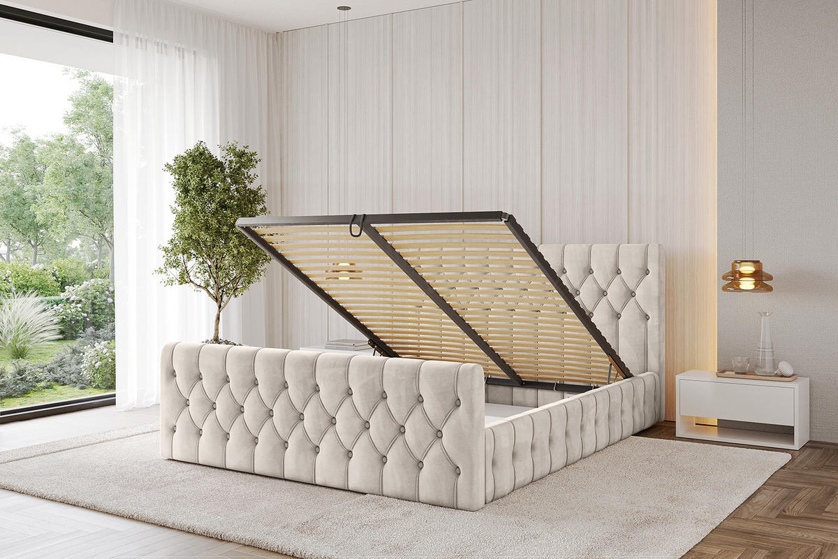 POLSTERBETT mit Bettkasten, Fußteil und Lattenrost, Boxbett mit Matratze H3/H4 - LARO-Z 120x200 Beige - Beige, Holzwerkstoff/Textil (120/200cm) - ALTDECOR