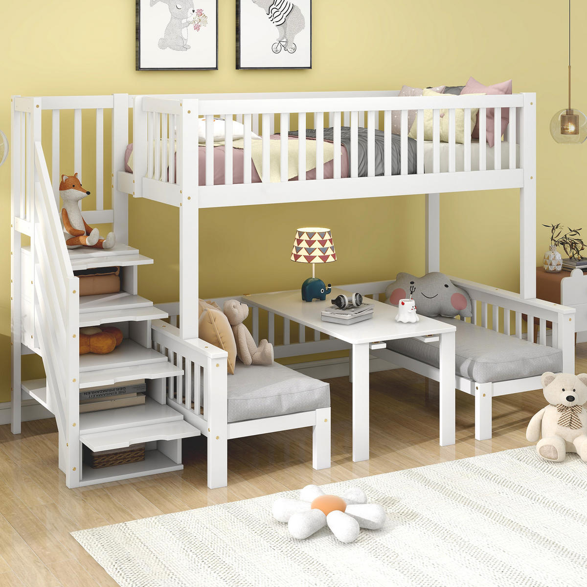 ETAGENBETT 90/200 cm & 120/200 cm in Weiß Kinderbett mit Stauraumtreppe, Tisch und Sicherheitsgeländer - Weiß, Holzwerkstoff (90/200cm) - STILVORA