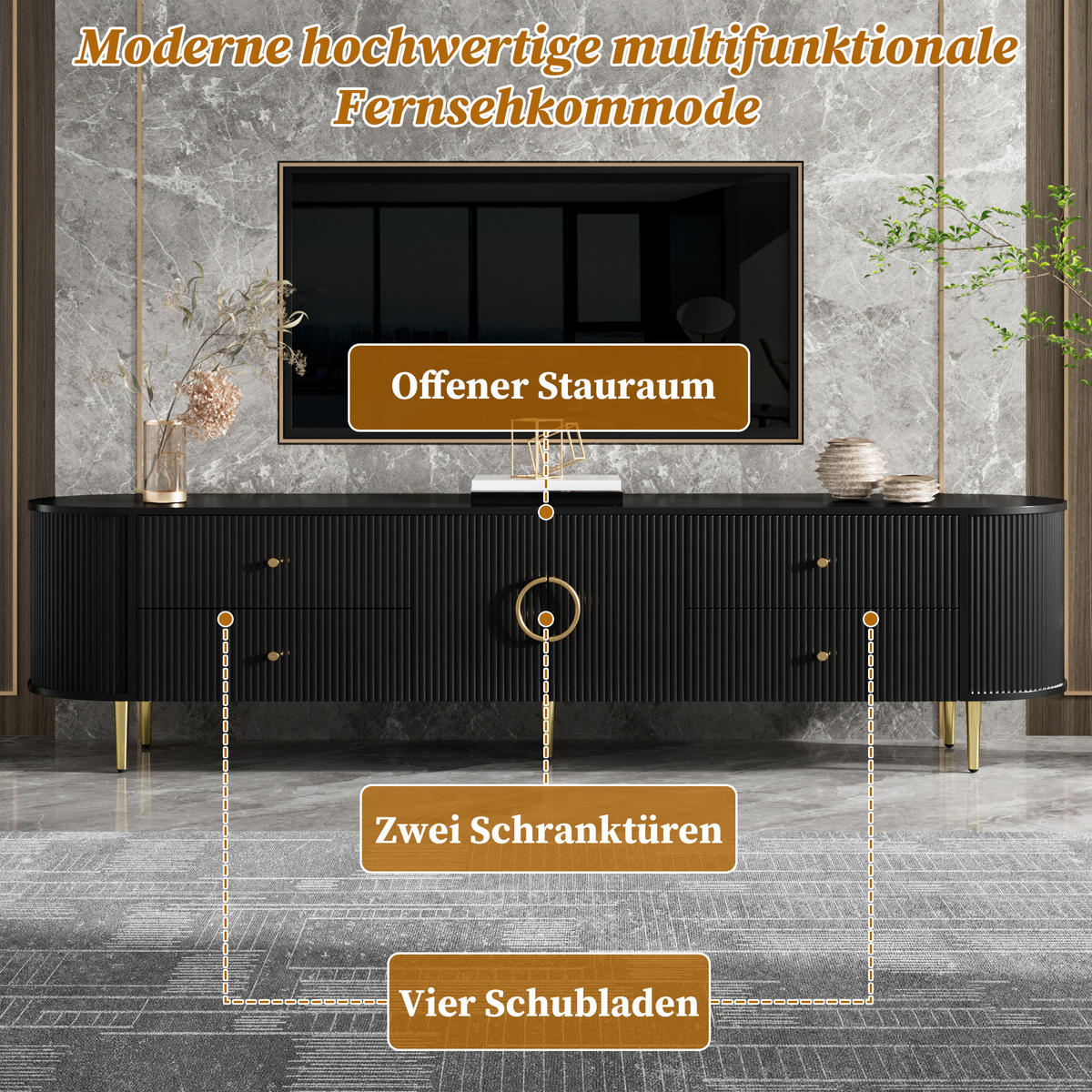 TV-ELEMENT 180/40/53 cm Schwarz mit 4 Schublade - Schwarz, Holz (180/53/40cm) - Oxeza