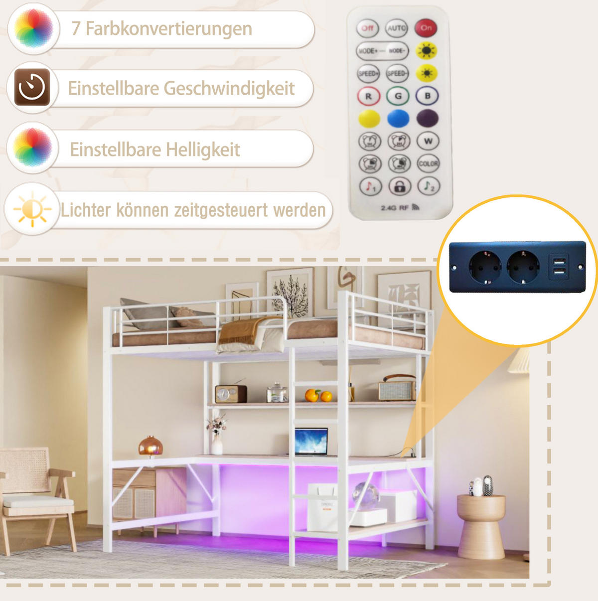 HOCHBETT aus Metall und MDF 140x200 cm Weiß mit USB, Steckdose, LED-Licht, Schreibtisch und Regal - Weiß, Metall (140/200cm) - Modfu