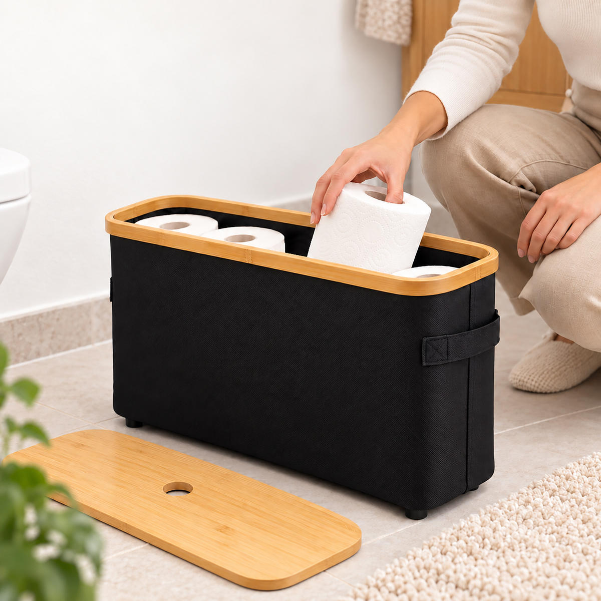 TOILETTENPAPIERBOX Schwarz Bambus 12 Rollen - Schwarz, Holz/Kunststoff (45/34.5/15cm) - Relaxdays