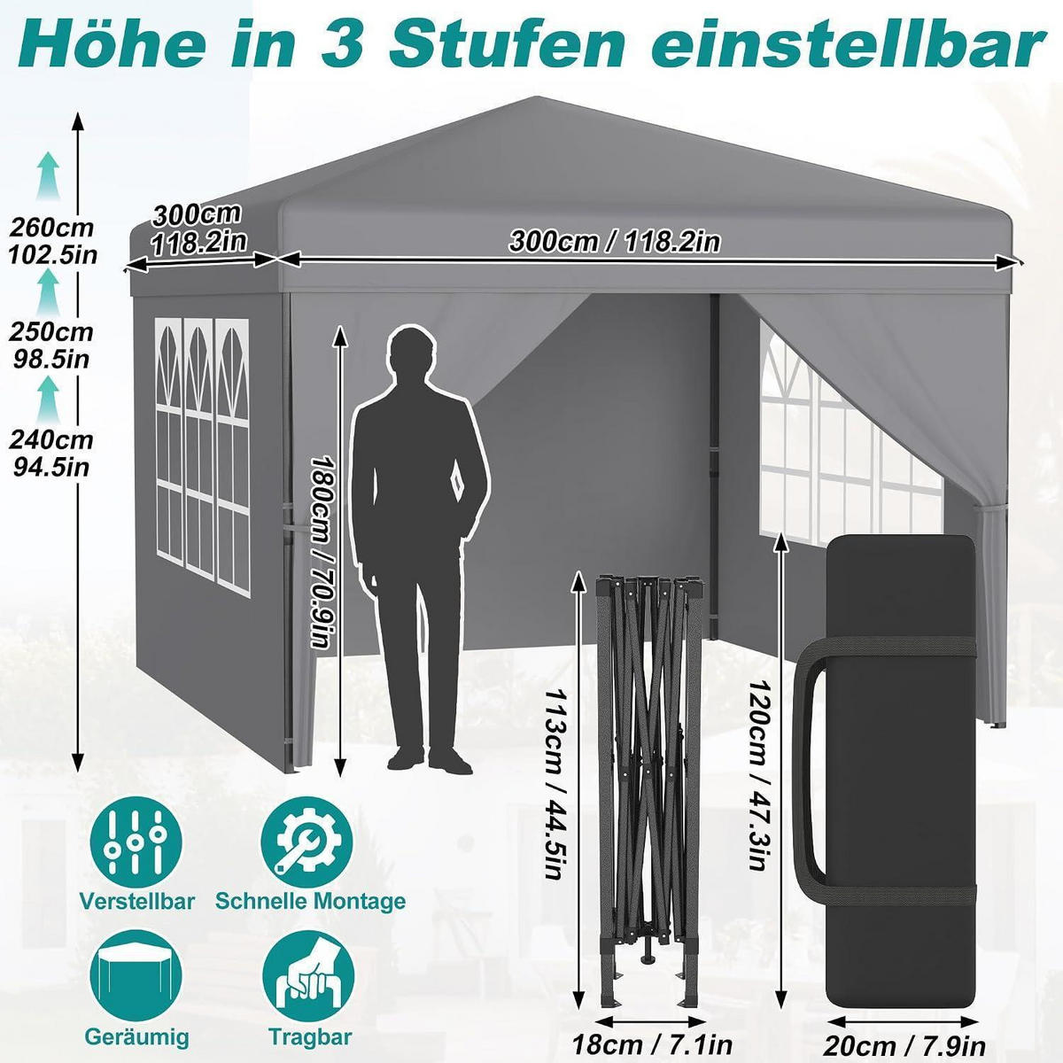 FALTPAVILLON 3x3 m mit Seitenwänden Silbergrau - Grau, Textil (300/260/300cm)