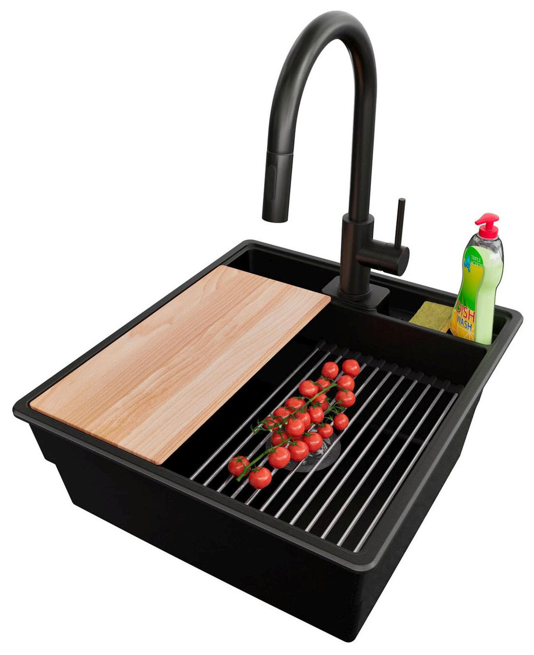 GRANITSPÜLE New York, 2-er set Schwarz 48/53 cm 1 Becken + Küchenarmatur 40/20 cm + Ablauf-Set + Küchenzubehörset ab 50er Unterschrank - Chromfarben/Beige, Kunststoff (48/20/53cm) - Primagran