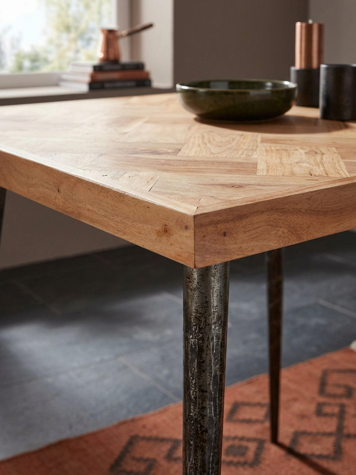 ESSZIMMERTISCH – Akazie Fischgrätmuster Metallbeine 80x80 cm Industrial - Beige/Anthrazit, Holz/Metall (80/80/76cm) - KADIMA DESIGN