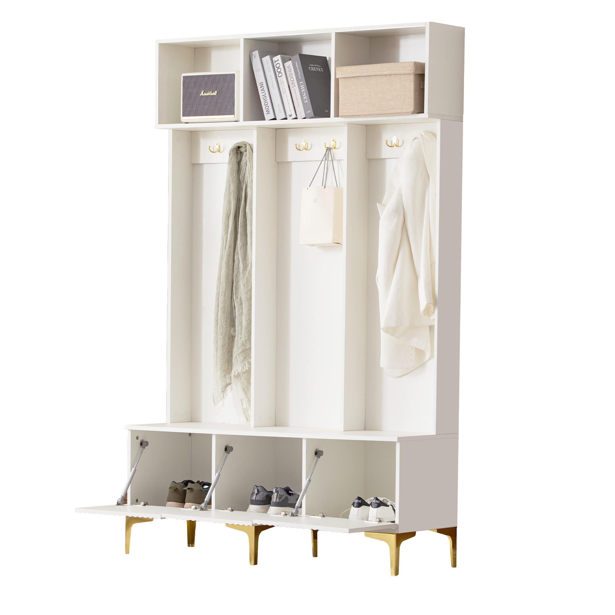 GARDEROBE mit Sitzbank, Spanplatte mit goldfarbenen Details, 120/23,5/191,5 cm, Weiß - Weiß, Holzwerkstoff (40/191/120cm) - Redom