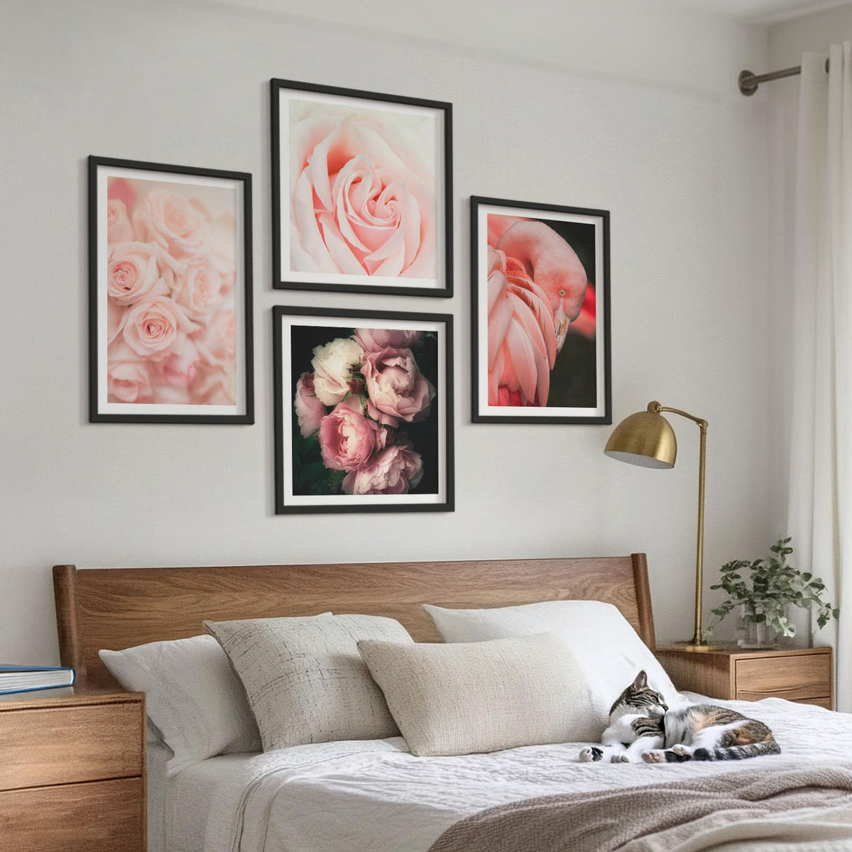 BILDER SET 4er Set - 50x50 cm & 40x60 cm Schwarzer Rahmen - Pastellrosa Flamingos - Schwarz, Kunststoff (50/50cm) - TULUP