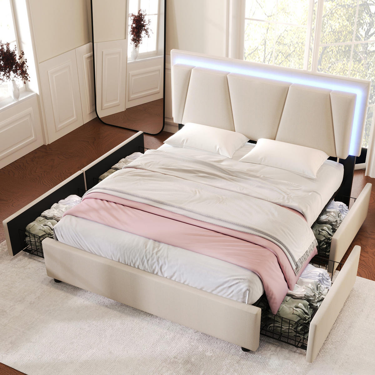 POLSTERBETT 140/200 cm in Beige mit 4 Schubladen und LED Stoff - Beige, Holzwerkstoff/Textil (140/200cm) - STILVORA