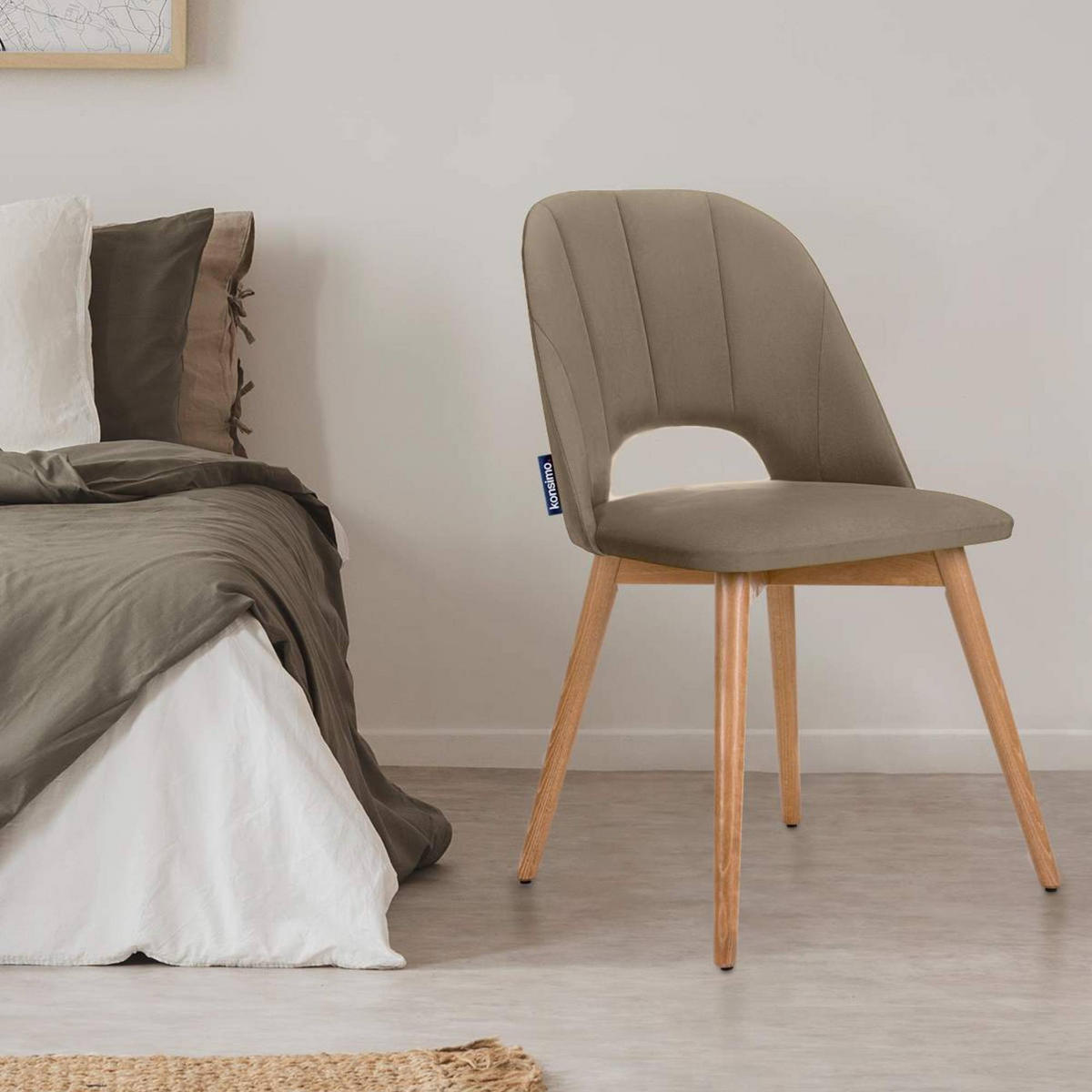ESSZIMMERSTUHLE TINO 2-tlg Velours-Sitz, Beige - Eichefarben/Beige, Holz/Textil (48/86/44cm) - KONSIMO®