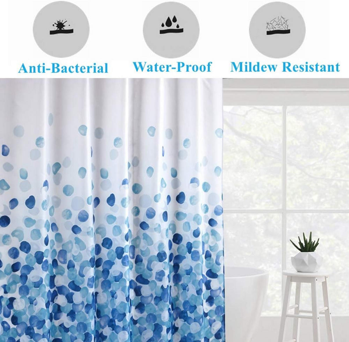 DUSCHVORHANG Blau floral Blütenblätter 300 x 200 cm Polyester wasserdicht schimmelresistent mit Ringen Haken - Blau, Textil (300/200cm) - MCBOSON