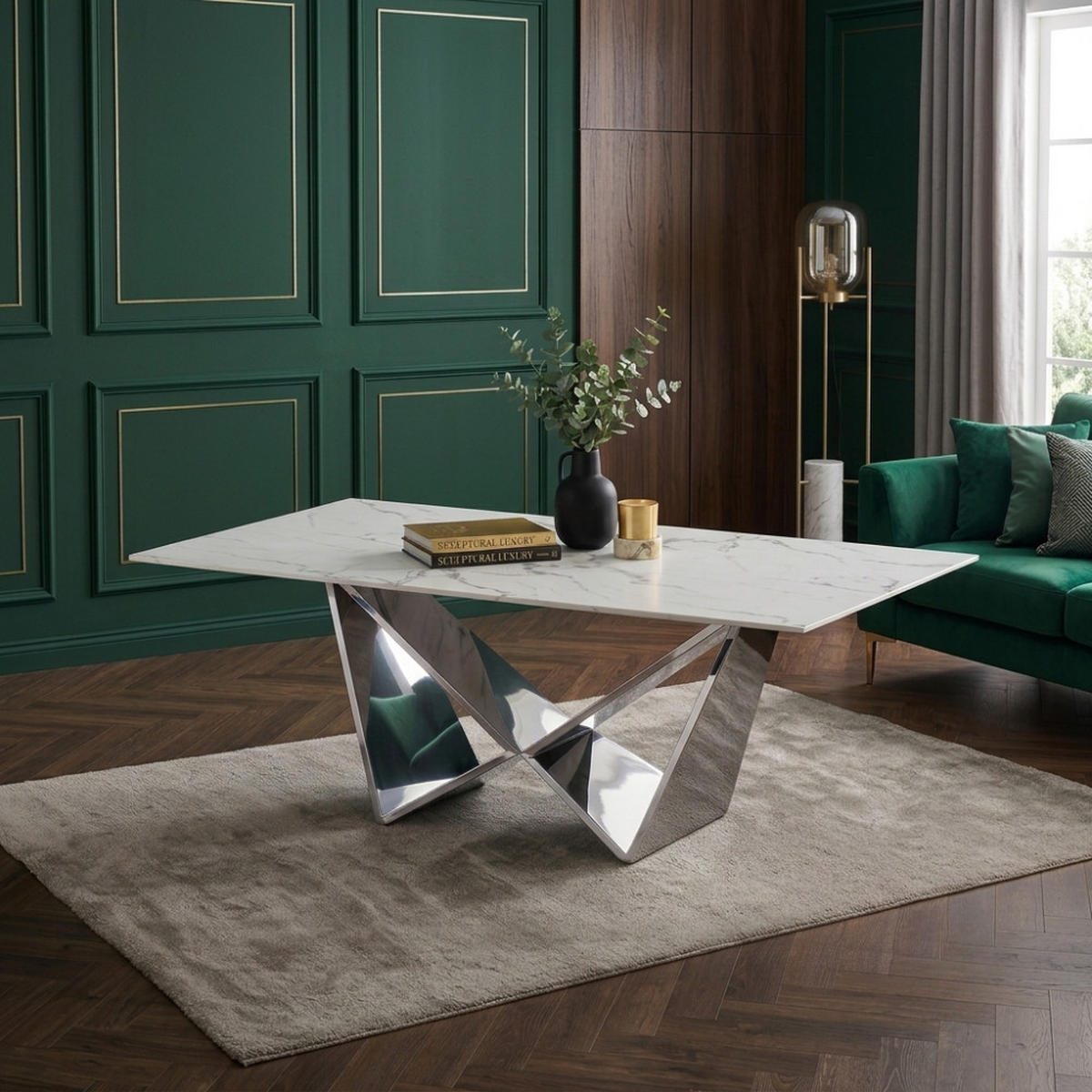 DESIGN-COUCHTISCH CENTO Rechteckiger Wohnzimmertisch in Marmor-Optik mit geometrischem Edelstahl-Gestell (130 x 70 cm) - Silbereichenfarben, Metall (70/130/42cm) - alesvelt