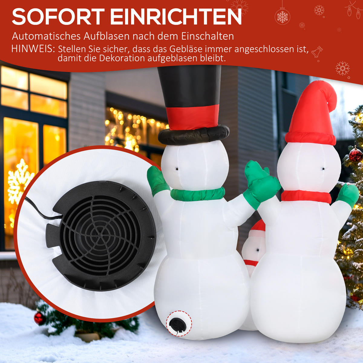 AUFBLASBAR Schneemann Familie, 1,8 m Weihnachtsdeko mit LED-Beleuchtung - Weiß, Textil (80/180/165cm) - Outsunny