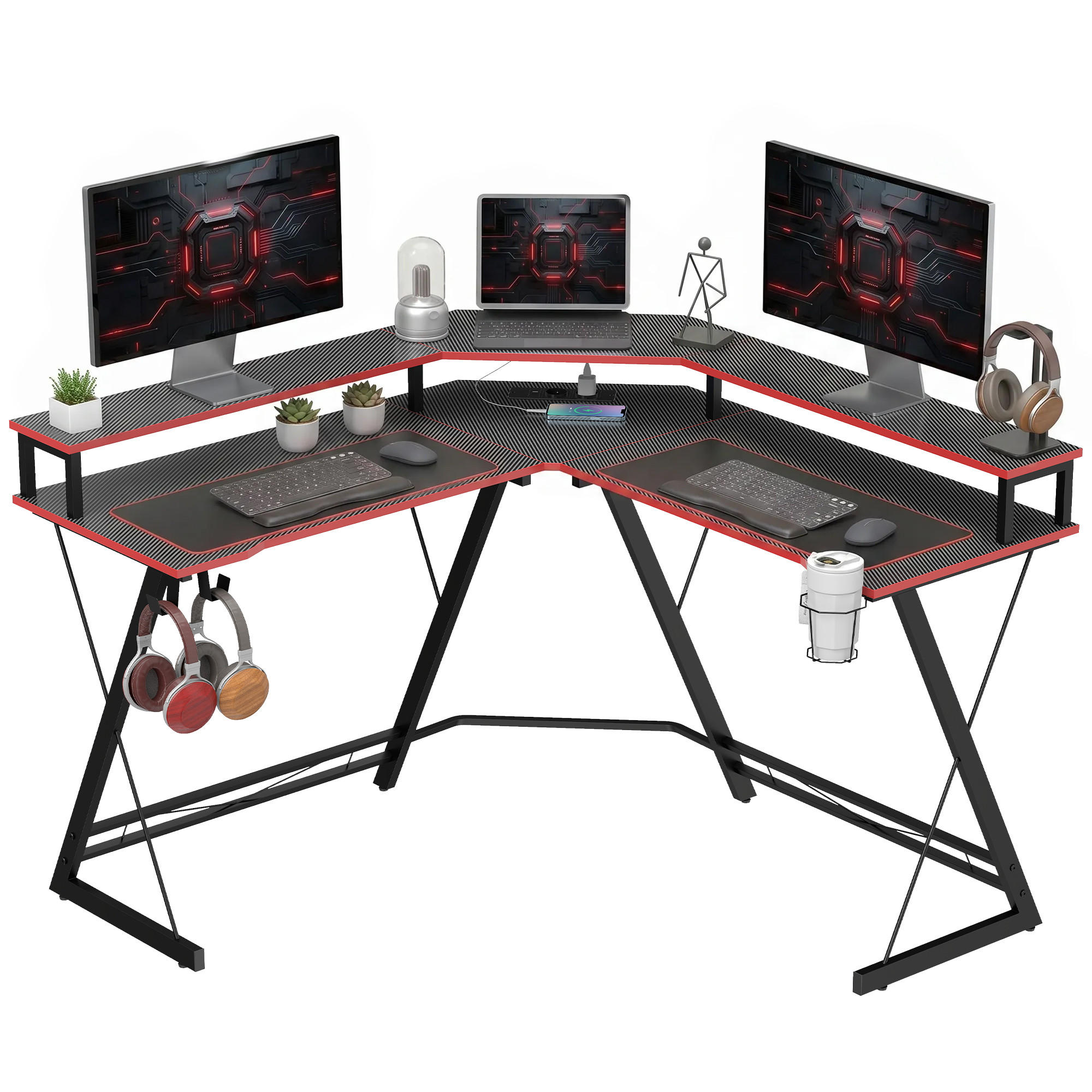 COMPUTERTISCH, 128 cm eckschreibtisch mit monitorständer, 2 USB - Schwarz, Holzwerkstoff (128/128/88cm) - Gisaae