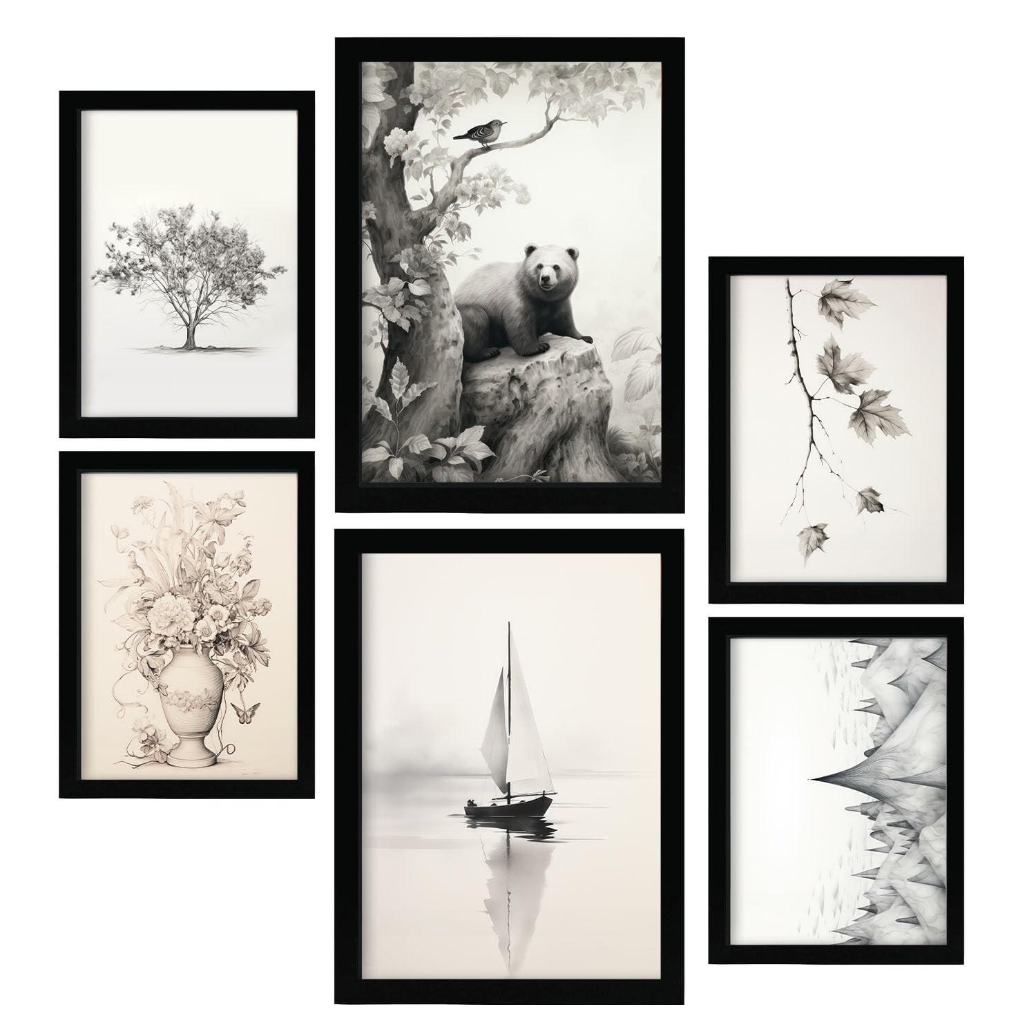 POSTER Set Mit 6 Wildsee A3 & A4 Schwarzer Rahmen - Schwarz, Papier (29/3cm) - Nacnic