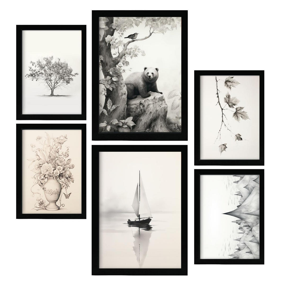 POSTER Set Mit 6 Wildsee A3 & A4 Schwarzer Rahmen - Schwarz, Papier (29/3cm) - Nacnic