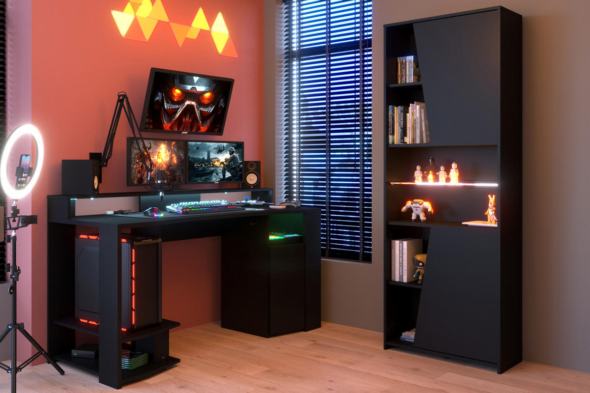 JUGENDZIMMER Gaming Set mit Schreibtisch und Schrank inkl. LED - Schwarz, Glas/Holzwerkstoff (220/180/62cm) - Parisot Meuble