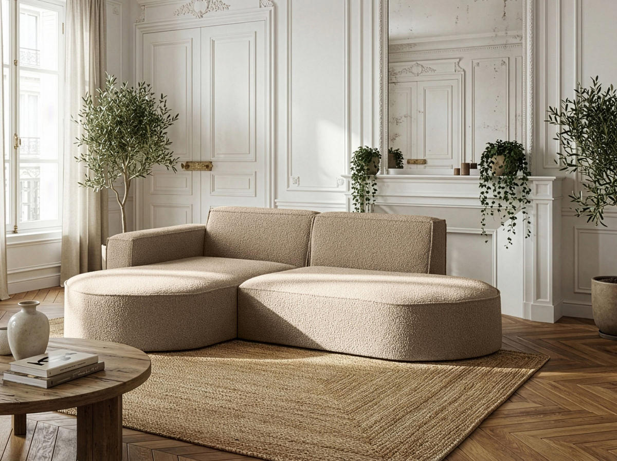 ECKSOFA Hana L-Form 3-Sitzer Ecke Links, Boucle, Dunkelbeige 241/73/168 cm - Hellbraun/Beige, Textil/Metall (241/168cm) - WFL GROUP