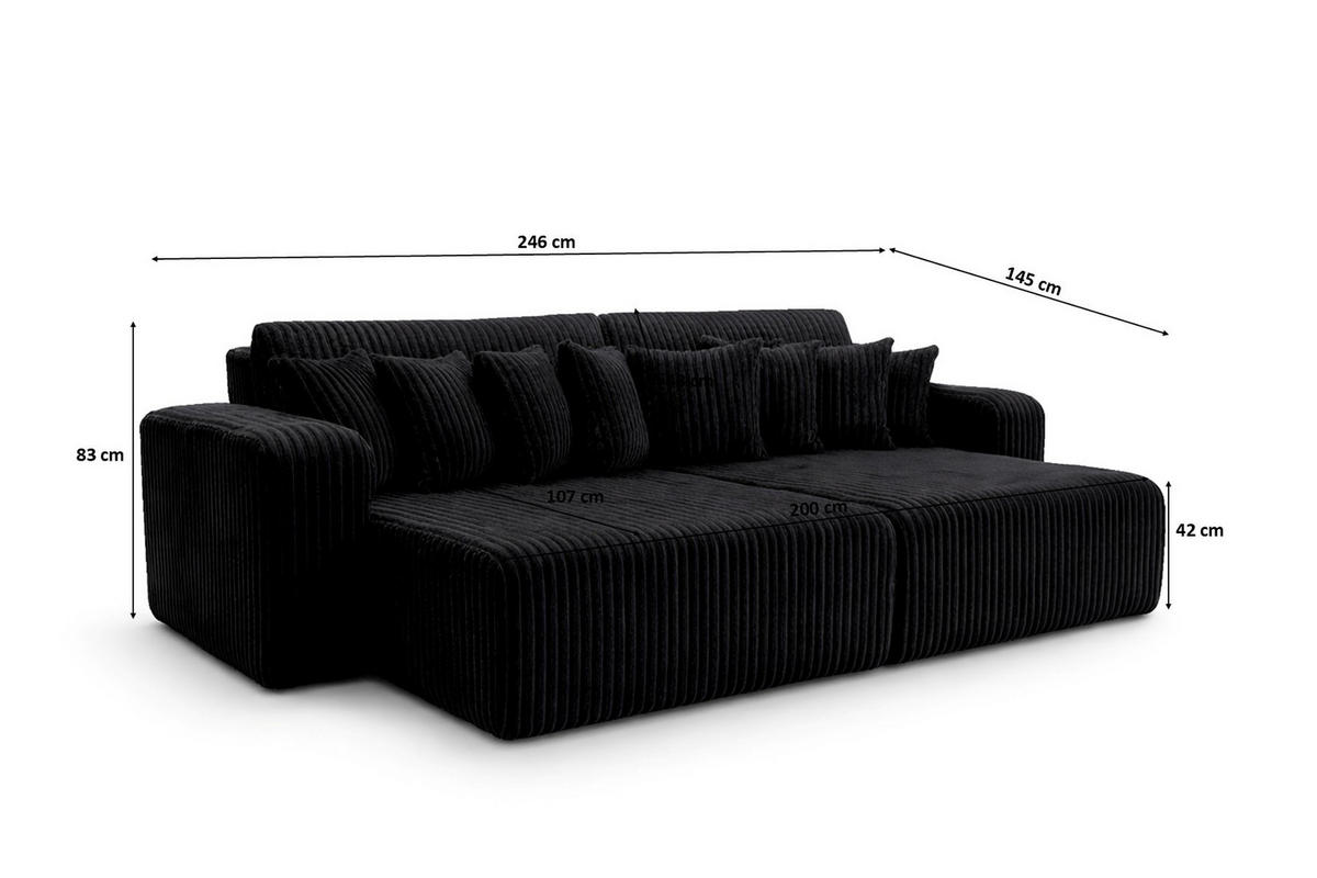 SCHLAFSOFA, Cordstoff Tilia, Schwarz, PIANO DOUBLE - Schwarz, Holz (246/83/145cm) - Kaiser Möbel
